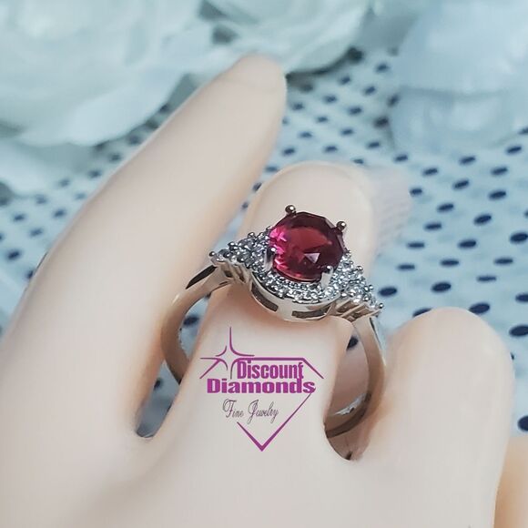 Oval Red Ruby Ring with Clusters of White Baguette Diamonds on 925 Silver - Picture 9 of 10